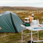 a tent with a table and food on it